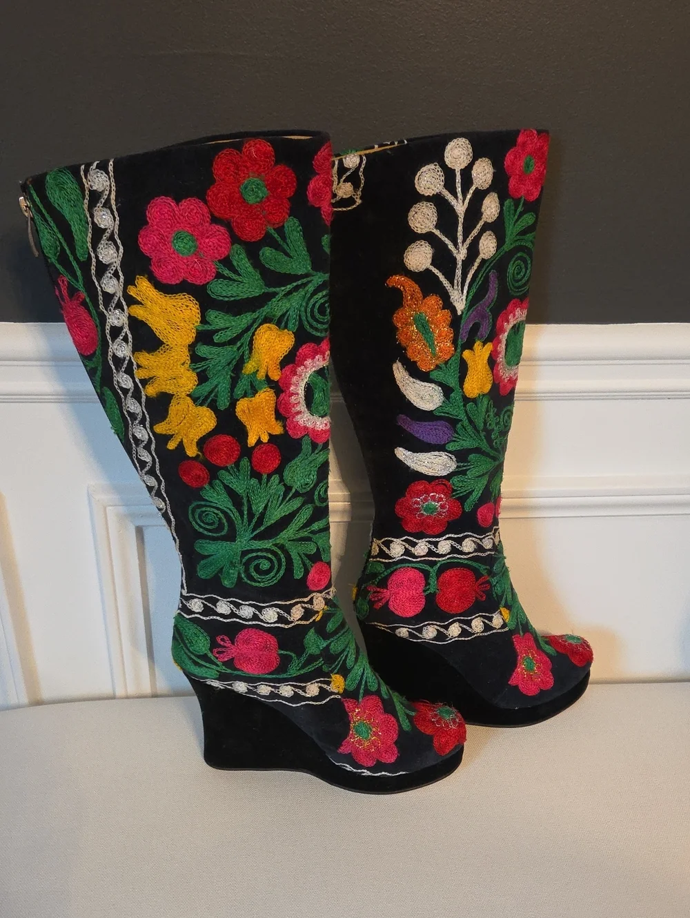 Rockwell Tharp Black Floral Embroidered Wedge Knee-High Boots